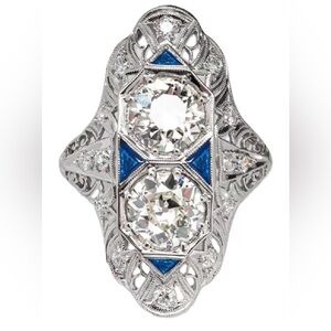 Gorgeous Art Deco Sterling Silver Huge blue & White Sapphire  ring size 9